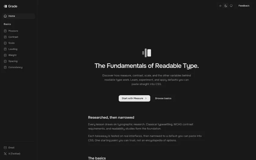 Grade landing page in dark mode, showing the same hero layout with dark background and light text