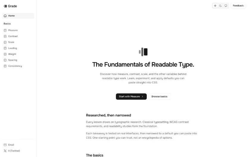 Grade landing page in light mode, showing the hero headline The Fundamentals of Readable Type and Start with Measure call to action
